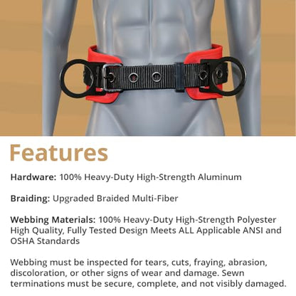 AFP Heavy-Duty 2 D-Ring Waist Body Belt w/Tongue Buckle Premium Stitching (OSHA/ANSI PPE) - color: Red & Black, size: Large-XLarge