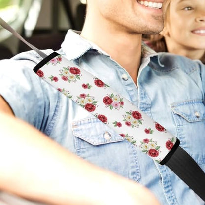 2PCS Soft Padded Car Seat Straps Shoulder Pads for Adult Use, Most Cars, Rose Flowers White Shoulder Protector, Shock Absorption - color: Pattern 396