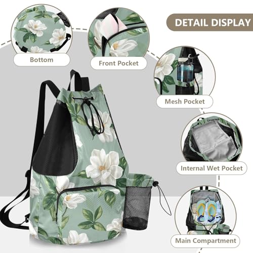 GuoChe Drawstring Backpacks Gym Swim Bag With Inside Pockets Pull String Bag Waterproof Chic Flower and Whites Green - color: Chic Flower and Whites Green