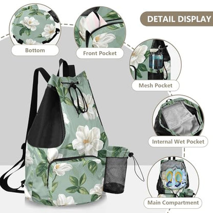 GuoChe Drawstring Backpacks Gym Swim Bag With Inside Pockets Pull String Bag Waterproof Chic Flower and Whites Green - color: Chic Flower and Whites Green
