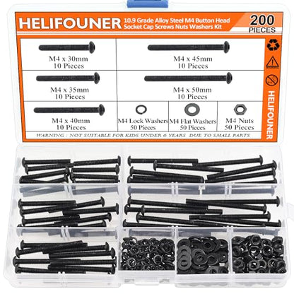HELIFOUNER 200 Pieces M4 x 30mm /35mm /40mm /45mm /50mm, Button Head Socket Cap Metric Screws Bolts Washers Nuts Kit, 10.9 Grade Alloy Steel, Fully Threaded, Black - size: M4 x 30/35/40/45/50mm, style: Button Head