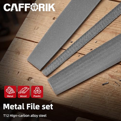 4PCS Metal File Set, 8-Inch, High-strength carbon steel file, Flat/Half round/Round steel file with Handle, Wire Brush, Hand Files Work for Metal, Wood and More