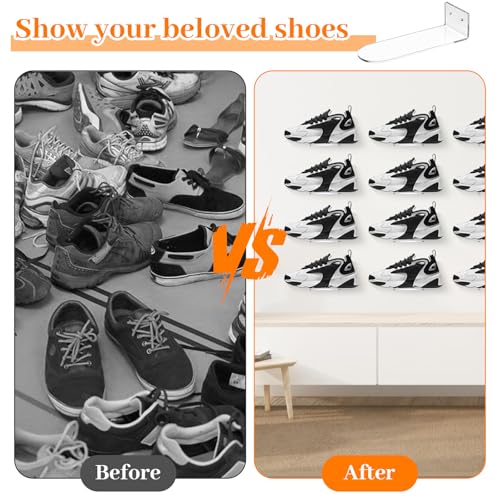 10 Pack Acrylic Floating Shoe Shelves, Clear Wall Mount Display Rack for Sneakers Collection, Shoe Organizer Holder with Hardware, 8x3x2 Inch
