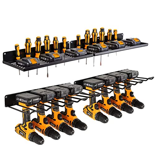 UU-Major Power Tool Organizer with Charging Station,Drill Holder Wall Mount,Garage Storage Shelves for Organization and Storage,Heavy Duty Pegboard Wall Organizer Set Solid Metal Black 2 Pack 4 Set… - style: 2shelf+2rack