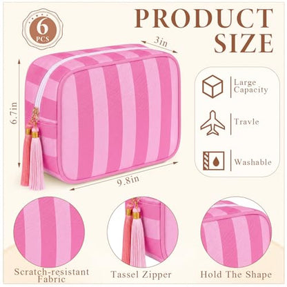 Kacctyen 6 Pack Bright Pink and Candy Pink Striped Makeup Bag bulk with Tassel Travel Cosmetic Pouch Organizer Large Zipper Toiletry Case for Women Aesthetic Storage Pouch Mahjong Tile Bag - color: Bright Pink and Candy Pink