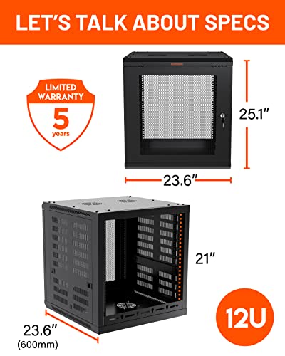 ECHOGEAR 12U Network Rack w/Enclosed Design, Easy Install, 600mm Depth | Enclosed server rack includes pre-mounted fan, 2x 1U shelves, lockable door, wall mountable design, all hardware for install - size: 12U