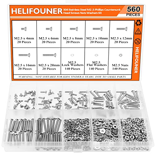 HELIFOUNER 560 Pieces M2.5 x 4mm /6mm /8mm /10mm /12mm /16mm /20mm, Phillips Countersunk Head Machine Screws, Metric Screws Bolts Washers Nuts Kit, 304 Stainless Steel - size: M2.5, style: Phillips Countersunk Head
