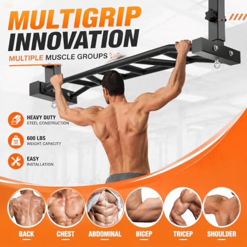 48" Joist Mounted Pull Up Bar, 600LBS Heavy Duty Multi Grip Ceiling Mount Chin Up Bar, Ceiling Beam for Home Gym/Garage/Basement with 5-Height Adjustable& Round Anchors, Easy to Install