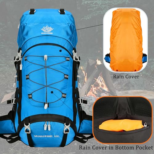 60L Travel Hiking Camping Backpack with Rain Cover, Backpack Water Resistant,Climbing Backpack for Men Women (SKY BLUE) - color: Sky Blue