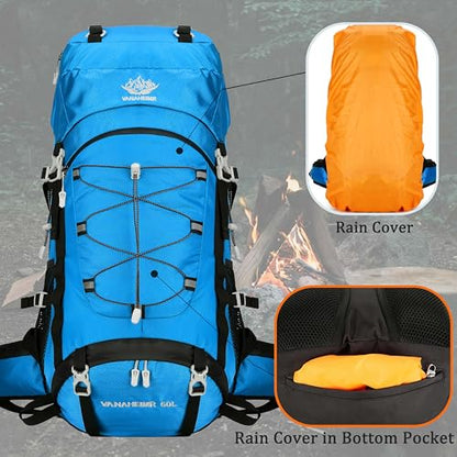 60L Travel Hiking Camping Backpack with Rain Cover, Backpack Water Resistant,Climbing Backpack for Men Women (SKY BLUE) - color: Sky Blue