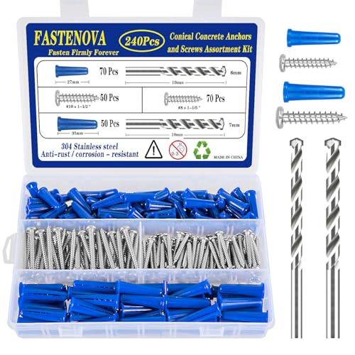 240Pcs Conical Concrete Anchors and 304 Stainless Steel Screws Assortment Kit,120 Concrete Wall Anchors+120 Screws, 2 Drill Bits, Suitable for Masonry, Stucco, Brick, Cement, Block and Tile