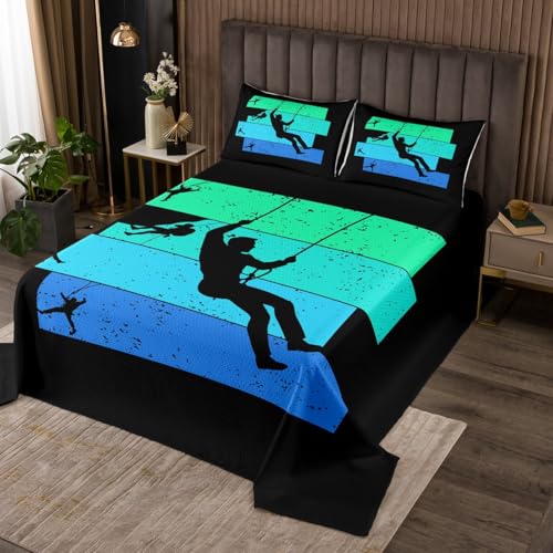 Erosebridal Rock Climbing Climber Bedspread Set King Size, Bouldering Boulder Quilt Set for Kids Boys Men, Outdoor Extreme Sports Coverlet Set, Retro Grunge Rectangles Bed Set - color: Black Blue Green, size: King