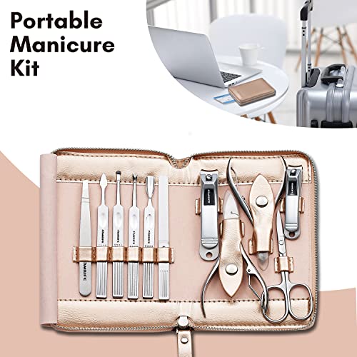 FAMILIFE Gifts for Women, Manicure Set Professional Manicure Kit 11 in 1 Nail Kit Nail Clippers Tools Stainless Steel with Rose Gold Leather Case Travel Sets - color: Gold