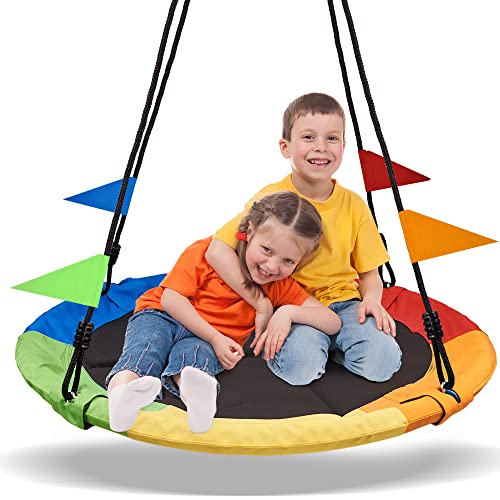 40 Inch Saucer Tree Swing Flying 900lb Weight Capacity 2 Added Hanging Straps Adjustable Multi-Strand Ropes Colorful Safe and Durable Swing Seat for Children - color: Rainbowcolor, size: 40 IN