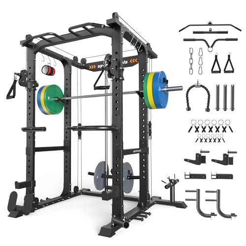 SPORTSROYALS Power Rack, Multi-Functional Power Cage, Squat Rack with Pulley System & LAT Pull Down, Workout Cage with J Hooks for Home Gym - color: Black, style: 230LB Colorful Package