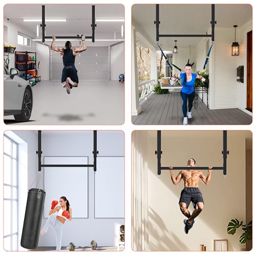 48" Ceiling Mount Pull Up Bar, Heavy Duty Multi-Grip Rafter Chin Up Bar for Garage/Basement/Backyard Ceiling Beam, Adjustable Height&Supports to 650 Lbs - color: Black