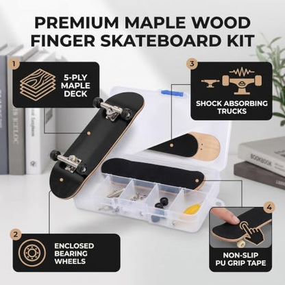 Finger Skateboard Fingerboard Gaming Set, 1Pc Solid Maple Wood Mini Fingerboard Ball Bearing Wheels, Professional Mini Skateboard Fingerboard with Storage Case, Finger Gaming Set