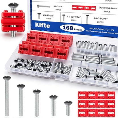 168pcs Black Wall Plate Screws & Outlet Spacers Kits, 3/8", 9/16", 3/4", 1", 1.2" Outlet Screws 6-32 and Receptacle Spacers for Switch Electrical Box - color: Black+Red, size: 3/8", 9/16", 3/4", 1", 1.2"