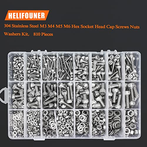HELIFOUNER 810 Pieces M3 M4 M5 M6 304 Stainless Steel Hex Socket Cap Metric Screws Bolts Washers Nuts Hardware Assortment Kit with Hex Wrenches - size: M3 M4 M5 M6 (810 Pieces), style: Socket Head Screws