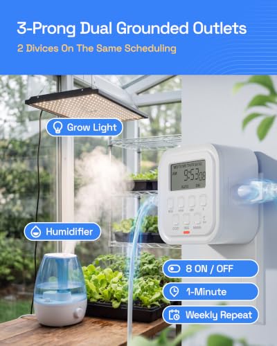 HBN Outlet Timer Indoor Plug in Timers for Light Lamps Fan, Digital Timer | for Electrical 3-Prong Dual Outlet, 7 Day 8 ON/OFF Programmable Timer Outlets for Kitchen, Home, Vacation Mode,15A/1875W