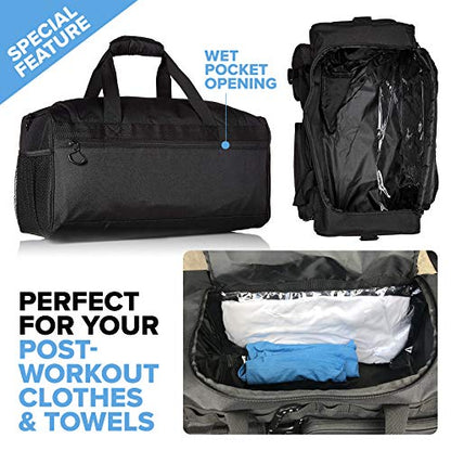 Fitdom 20" 32L Tactical Black Gym Duffle Bag with Shoe Compartment. Best Workout Bag For Men & Women. Black Gym Bag is Great For Basketball, Soccer & Other Sports As Well As Weekender & Overnight Bag