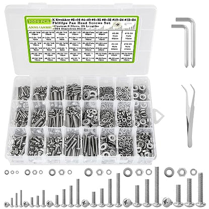 1059Pcs Nuts and Bolts Assortment Kit Phillips Pan Head #2-56#4-40#6-32#8-32#10-24#12-24 Machine Screws, K Kwokker 26 Sizes 304 Stainless Steel Screws Nut and Bolt Assortment with Screw Organizer - size: E. #2-56 - #12-24