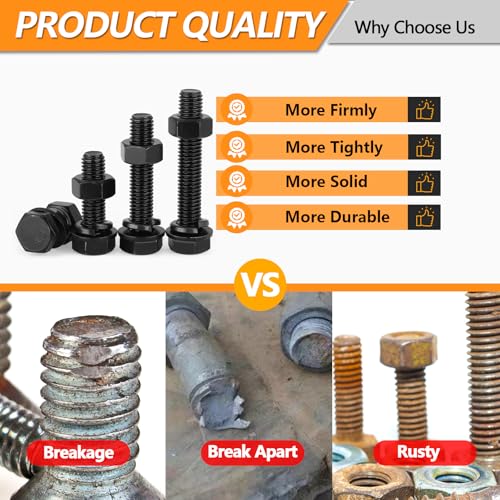 448 PCS Metric M5 M6 M8 Heavy Duty Hex Cap Bolts and Nuts Flat & Lock Washers Assortment Kit, 8.8 Grade Alloy Steel Black Metric Fully Thread Hexagon Allen Machine Bolt, 12 Most Common Sizes - style: Hex Head Cap - Kits