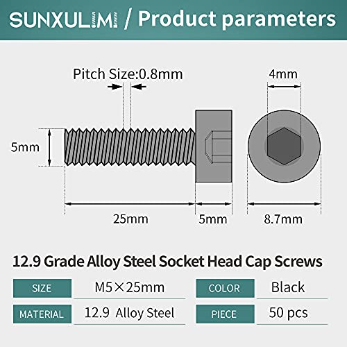 M5 x 25mm Socket Head Cap Screws Bolts 12.9 Grade Alloy Steel Metric Machine Hex Socket Screw, Black Oxide Finish, Fully Threaded, 50PCS - size: M5×25mm