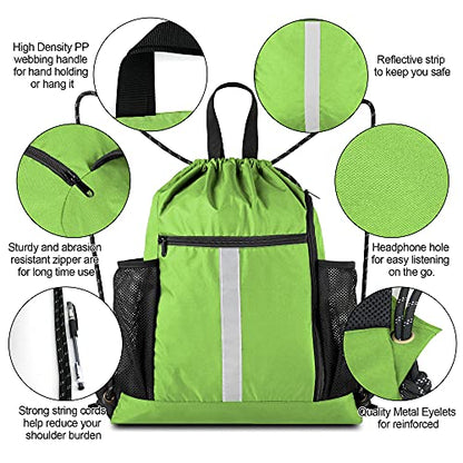 BeeGreen Cinch Bag Backpack String Gym Sackpack with Shoe Compartment and Two Side Mesh Pockets Large Lightweight Portable Sport Drawstring Sack - color: Lime, style: Drawstring With Shoe Compartment