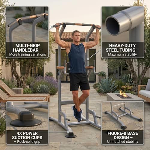 Multi-Function Power Tower Pull Up Bar Station with Pilates Resistance Bands, 450LBS Stable Pull Up Dip Station with Push Up Handles for Home Gym Strength Training Equipment - color: Grey