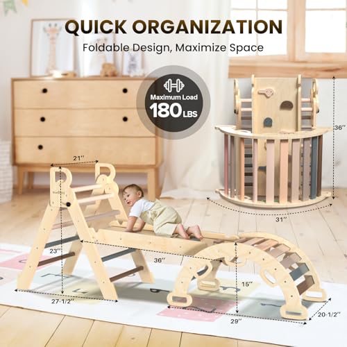 Pikler Triangle Set with Safe Handle, Climbing Toys for 1-3 Year | Foldable 7-in-1 Montessori Toddler Climbing Toys Indoor, Wooden Pickler Climbing Set, Baby Jungle Gym & Playground, Pink - color: Mauve Pink