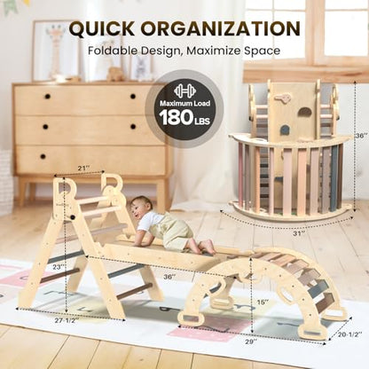 Pikler Triangle Set with Safe Handle, Climbing Toys for 1-3 Year | Foldable 7-in-1 Montessori Toddler Climbing Toys Indoor, Wooden Pickler Climbing Set, Baby Jungle Gym & Playground, Pink - color: Mauve Pink