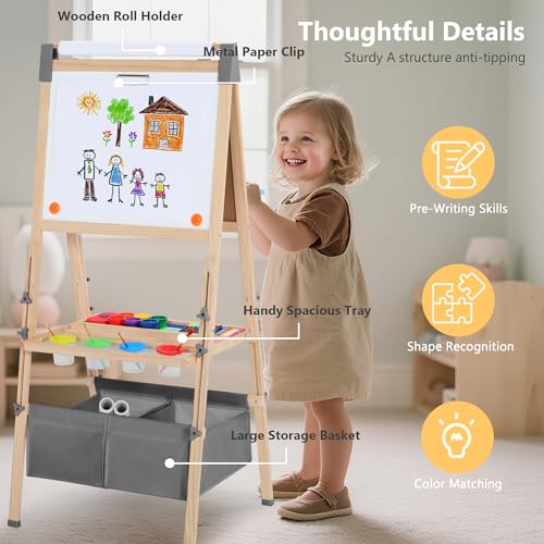Kinder King Adjustable Wooden Kids Art Easel, Paper Roller, Storage (Grey) | Double-Sided Magnetic Whiteboard & Chalkboard, Art Supplies, Indoor & Outdoor, Painting & Drawing, 3 Years+, Gift - color: Grey