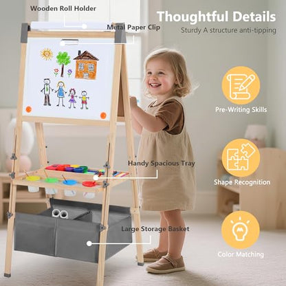 Kinder King Adjustable Wooden Kids Art Easel, Paper Roller, Storage (Grey) | Double-Sided Magnetic Whiteboard & Chalkboard, Art Supplies, Indoor & Outdoor, Painting & Drawing, 3 Years+, Gift - color: Grey