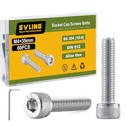 M4-0.7 x 35mm Bolt, 60PCS M4 Hex Socket Head Cap Screws Bolts, 304 Stainless Steel 18-8, Full Threads, Allen Socket Drive, with Hex Spanner - size: M4x35mm
