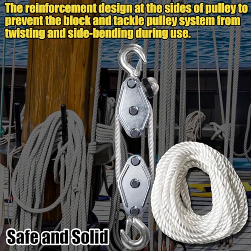 Rope Hoist Pulley System Multifunctional 2200 LBS Breaking Strength | 3/8 Rope for Lifting Hoisting Rigging Garage Shop Hunting Farm Construction Industrial Warehouse Marine Overhead Recovery - color: White