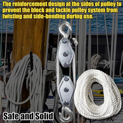 Rope Hoist Pulley System Multifunctional 2200 LBS Breaking Strength | 3/8 Rope for Lifting Hoisting Rigging Garage Shop Hunting Farm Construction Industrial Warehouse Marine Overhead Recovery - color: White