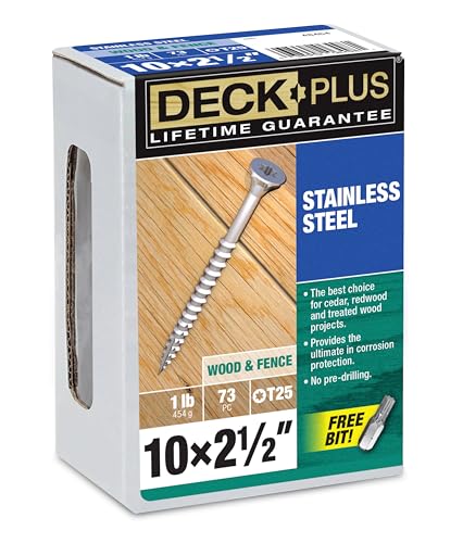 Deck Plus 2-1/2 Inch Epoxy Coated Exterior Wood and Fence Screws #10 x 2-1/2" Torx/Star Drive Included Coarse Thread, Outdoor Rust Resistant Decking Screw, Silver, 1lb Box, 73 Pieces | 48464 - color: Silver, size: #10 x 2-1/2", style: 73 pcs