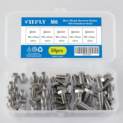 M6-1.0 Hex Head Screw Bolts - 20/25/30/35/40mm Length Kit, 304 Stainless Steel(A2-70), Bright Finish, Fully Threaded, Hexagon Head Bolts,Quantity 50-Piece Set - size: 304-Hex-M6-20-40mm