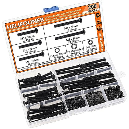 HELIFOUNER 200 Pieces M5 x 30mm /35mm /40mm /45mm /50mm, Button Head Socket Cap Metric Screws Bolts Washers Nuts Kit, 10.9 Grade Alloy Steel, Fully Threaded, Black - size: M5 x 30/35/40/45/50mm, style: Button Head