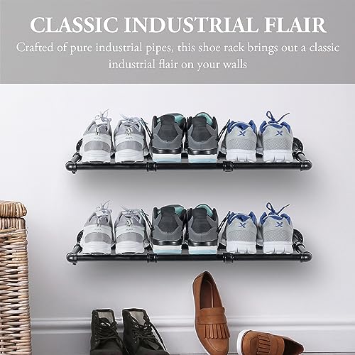 MyGift Set of 2 Industrial Matte Black Metal Pipe Hanging Shoe and Boot Rack Shelves, Wall Mounted Space Saving Footwear Storage for Closet, Mudroom, Entryway, Holds 6 Pairs - size: 27 Inch