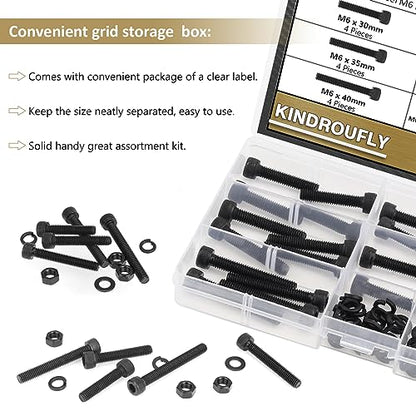82 Pieces Black M6 x 30/35 /40/45 /50 mm Hex Socket Head Cap Screws Nuts Washers Assortment Kit, 12.9 Grade Alloy Steel - size: M6 x 30/35/40/45/50mm, style: Socket Head