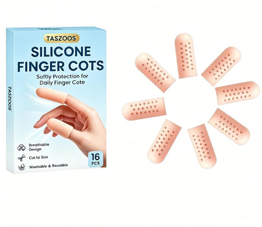 Silicone Finger Protectors - 16 PCS Breathable Finger Cots | Silicone, Breathable Design, Soft Finger Covers for Fingertip & Thumb Protection, Daily Friction Support (Beige)