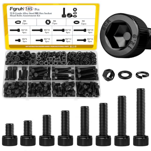 185PCS M6 Screws with Nuts Assortment Kit - M6x8/10/12/16/20/25/30/35 mm Hex Socket Head Cap Bolts with Nuts & Washers Assorted Set - 12.9 Alloy Steel Black Zinc Plated Anti-Rust Hardware Set - size: M6 185pcs
