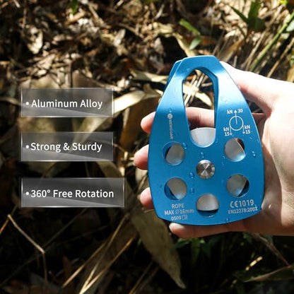NewDoar 30 KN CE Certified Large Rescue Pulley Single/Double Sheave with Swing Plate - color: Single Pulley - Blue 2pcs