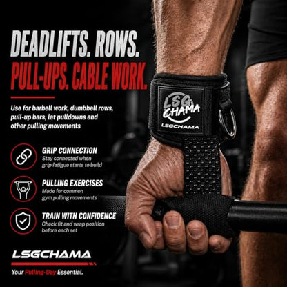 Weight Lifting Straps with D Rings, Cuffed Wrist Support for Deadlifts, Pull-Ups and Cable Machine Workouts, Padded Gym Lifting Straps for Men and Women, Black