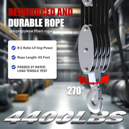YATOINTO Rope Hoist Pulley System with Metal Bearing, 4400LB Pulley Block and Tackle, 8:1 Lifting Power 65ft, Heavy Duty Pulley Block for Hunting Lifting Heavy Objects Garage Warehouses Building - size: 4 Pulley