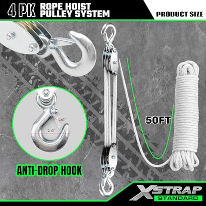 XSTRAP STANDARD Heavy-Duty 2,000 LB Breaking Strength 50 FT Rope Hoist | 1000Lbs work load, metal wheel bearing pulley for lifting heavy objects, includes 2 soft loops, heavy-duty rope hoist (White) - color: 50ft White Standard