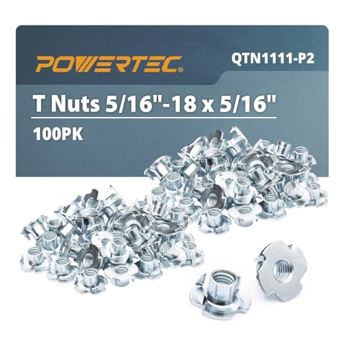 POWERTEC 5/16"-18 T Nuts, 100 Pack | 4 Pronged Tee Nuts for Bolts and Stem Caster Wheels, Threaded Inserts for Woodworking, Rock Climbing Holds and Furniture| 5/16" Length (QTN1111-P2) - size: 5/16", style: 5/16"-18