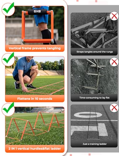 GHB Tangle-Free Agility Ladder Hurdles, 15ft 11 Rungs | 3-in-1 Speed Training Hurdles Set, Footwork Drills for Football, Soccer, Boxing